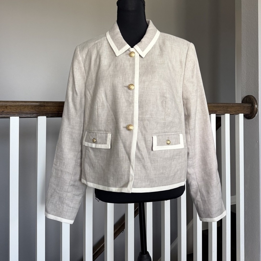 Quince European Stretch Linen Cropped Lady Jacket XL Flax Ivory Old Money Preppy